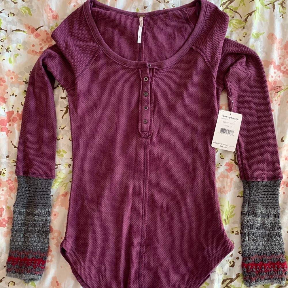 Free People Purple Quilted Shirt with knit sleeves